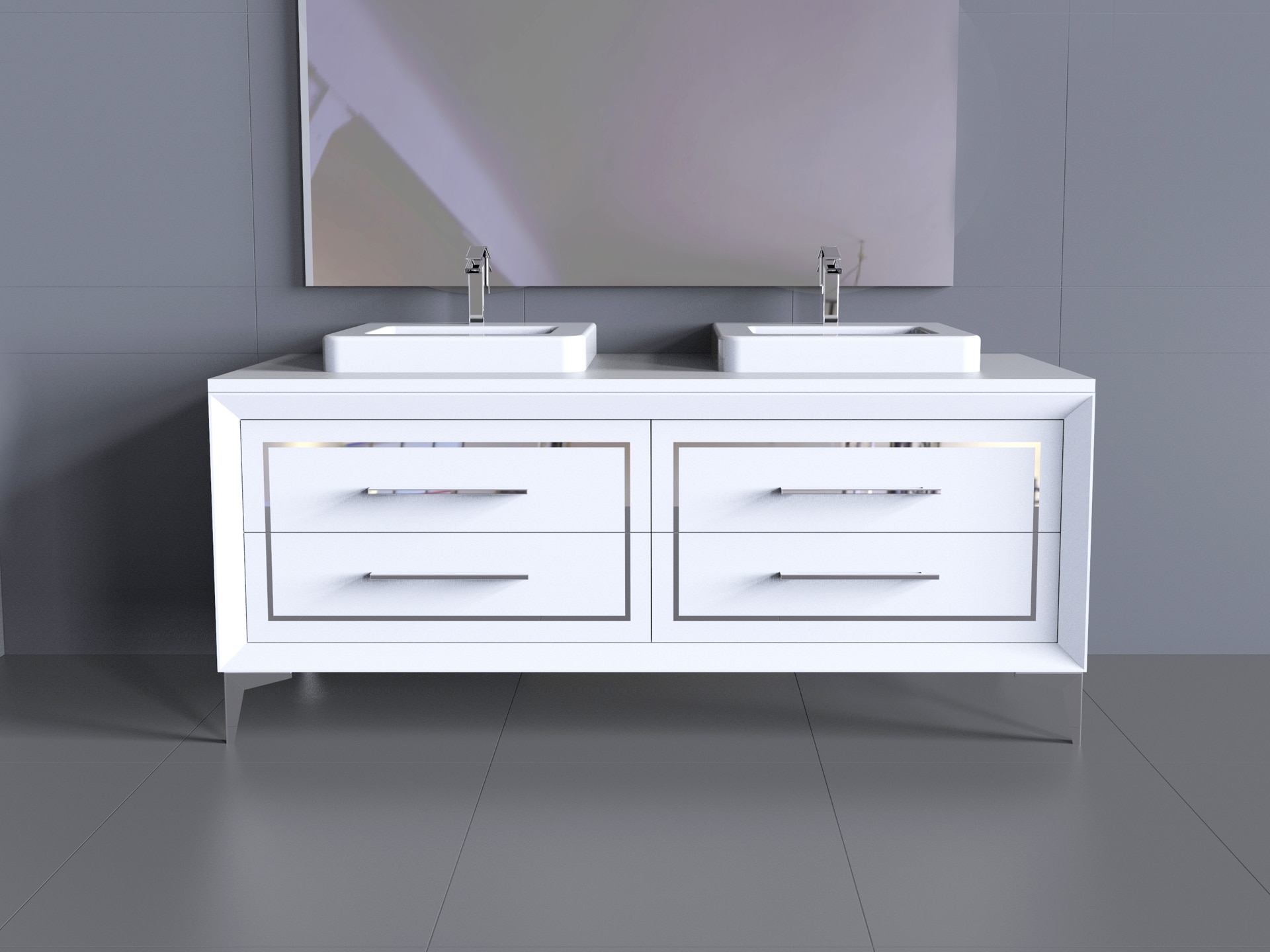 komoda lazienkowa podwojna modern glamour biala srebrne listwy nogi chrom