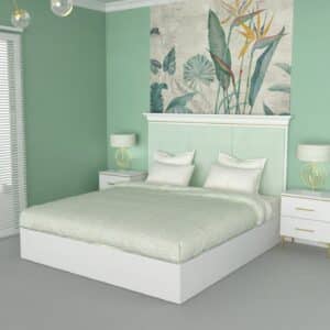 sypialnia modern classic bialo zielona zlota lozko dwa stoliki nocne