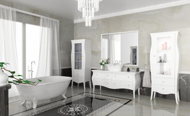 komplet białych mebli łazienkowych w stylu glamour